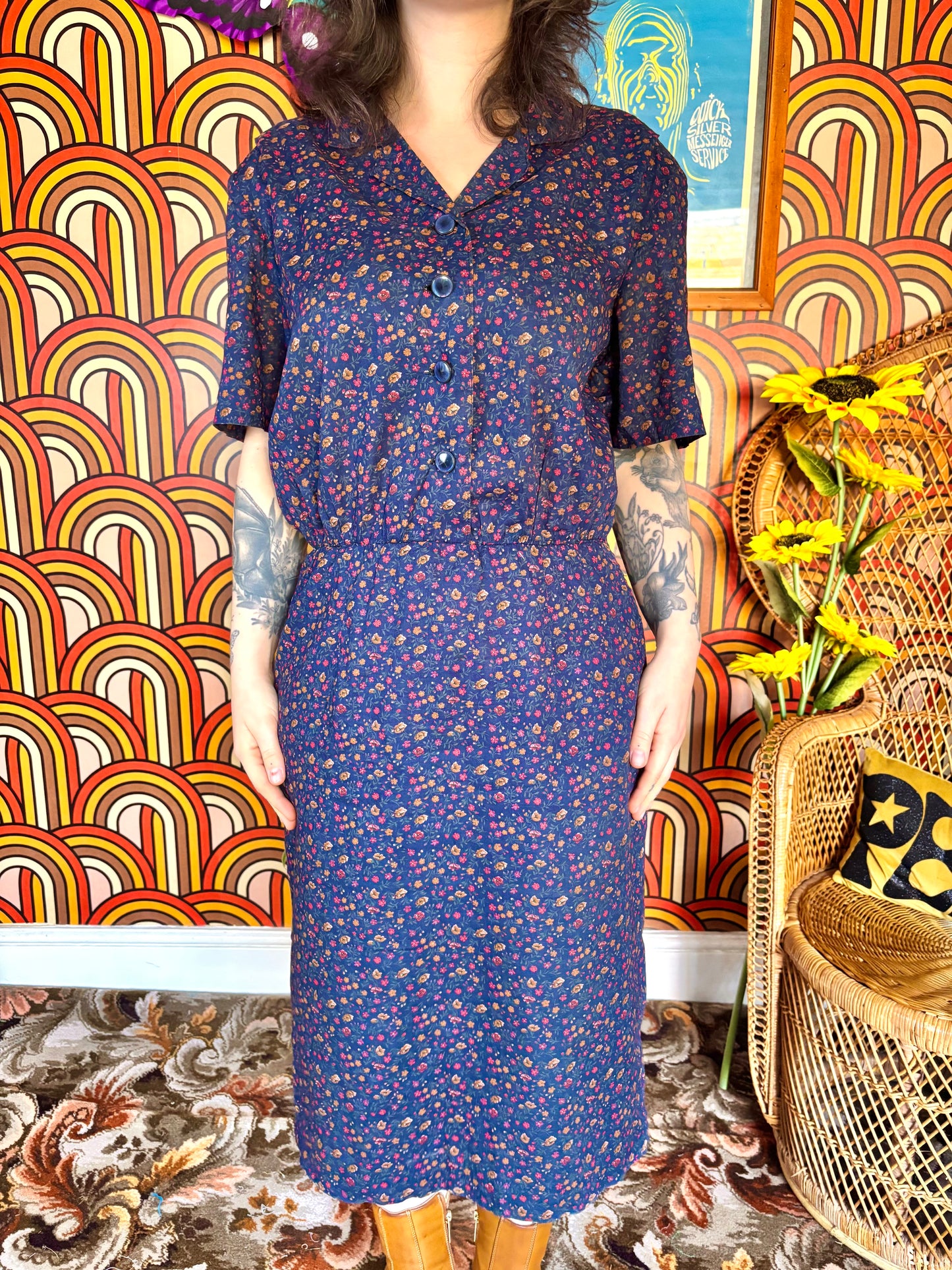 Vintage 70s Navy Floral Tea Dress