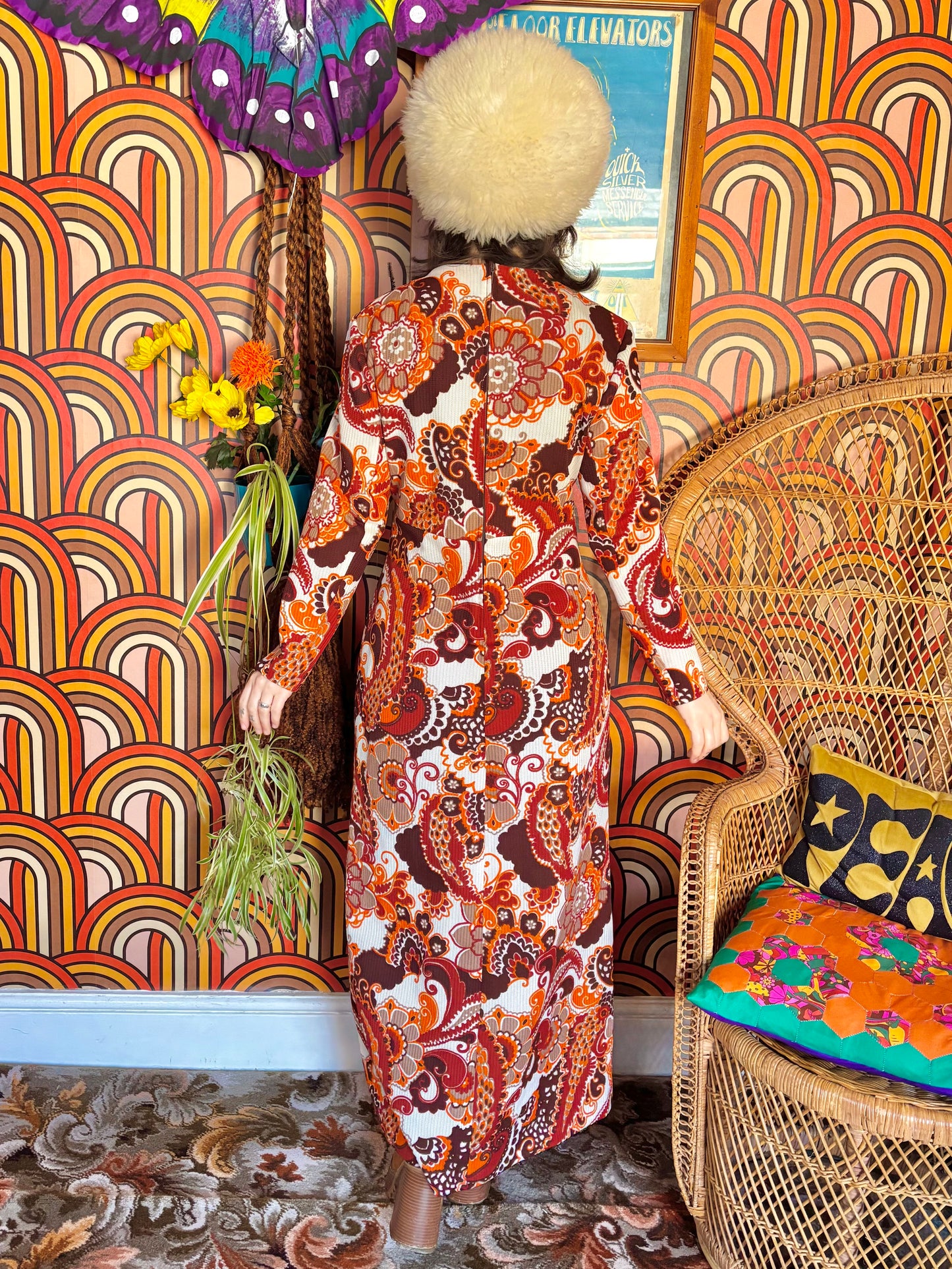 Vintage 70s Orange Psychedelic Paisley Maxi Dress