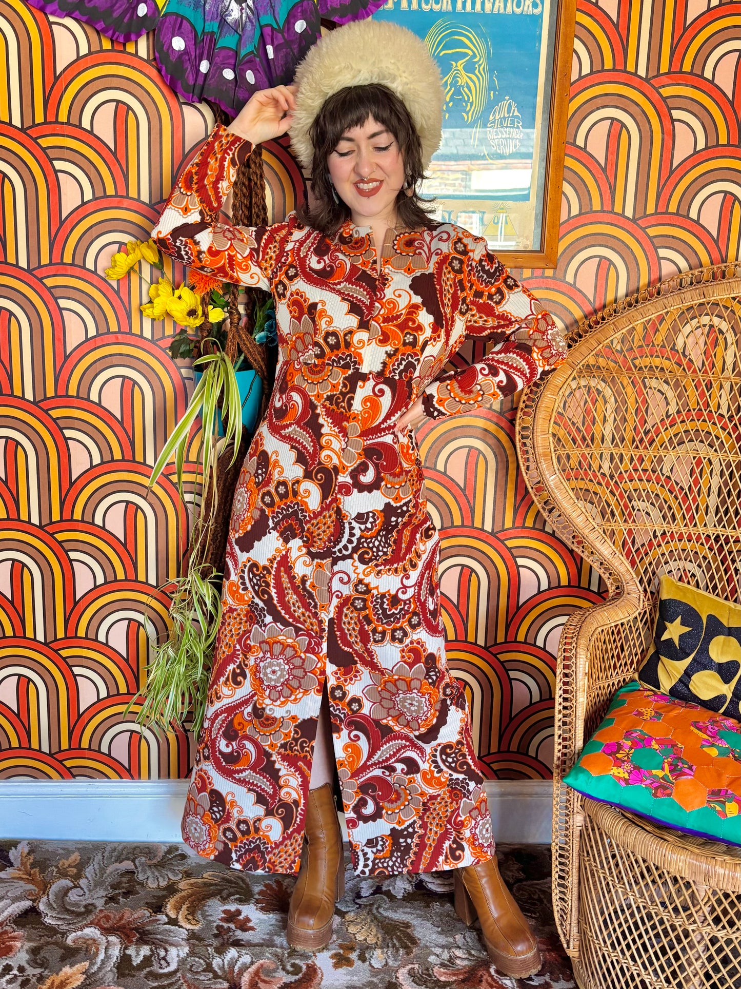 Vintage 70s Orange Psychedelic Paisley Maxi Dress