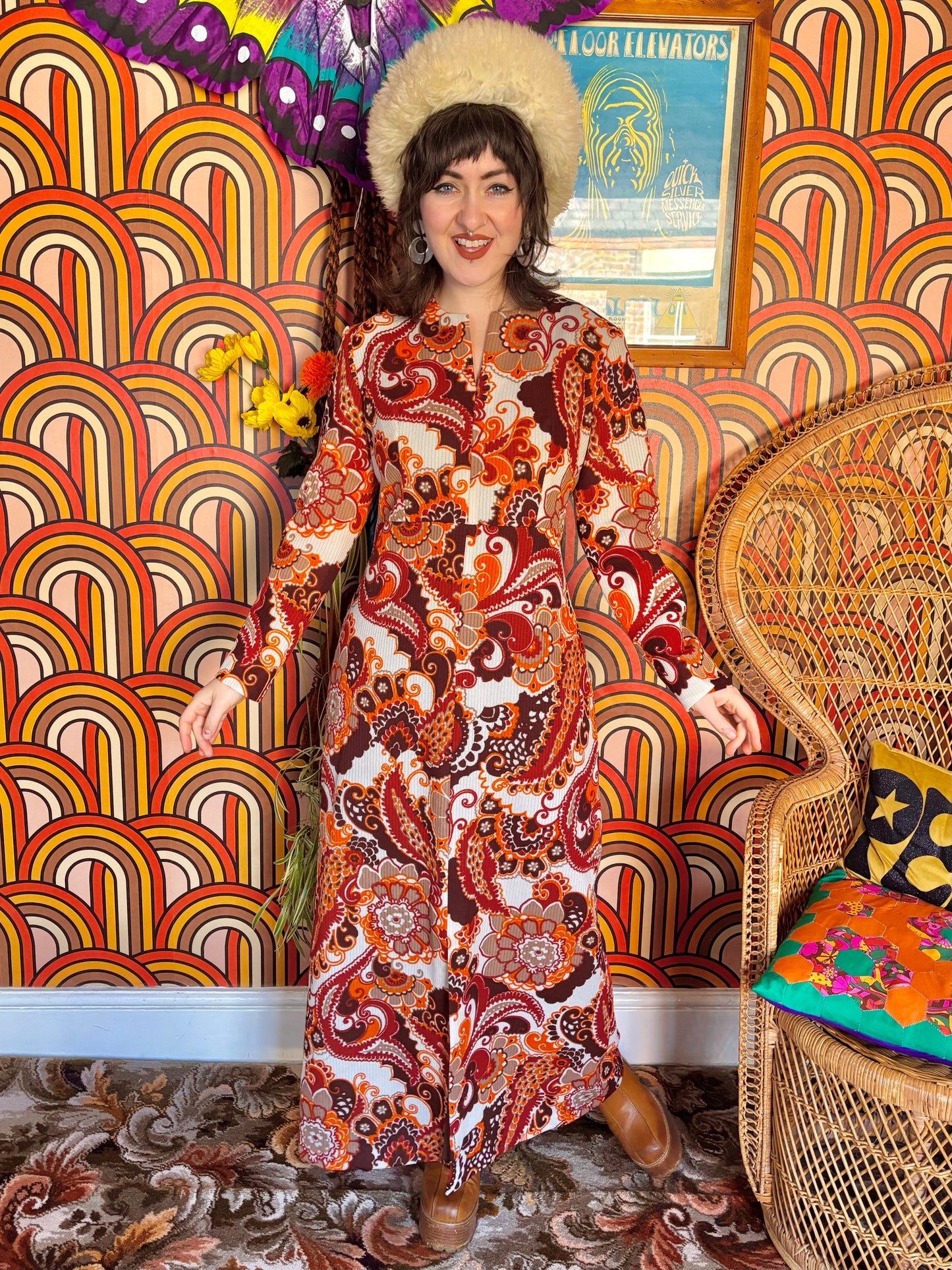 Vintage 70s Orange Psychedelic Paisley Maxi Dress