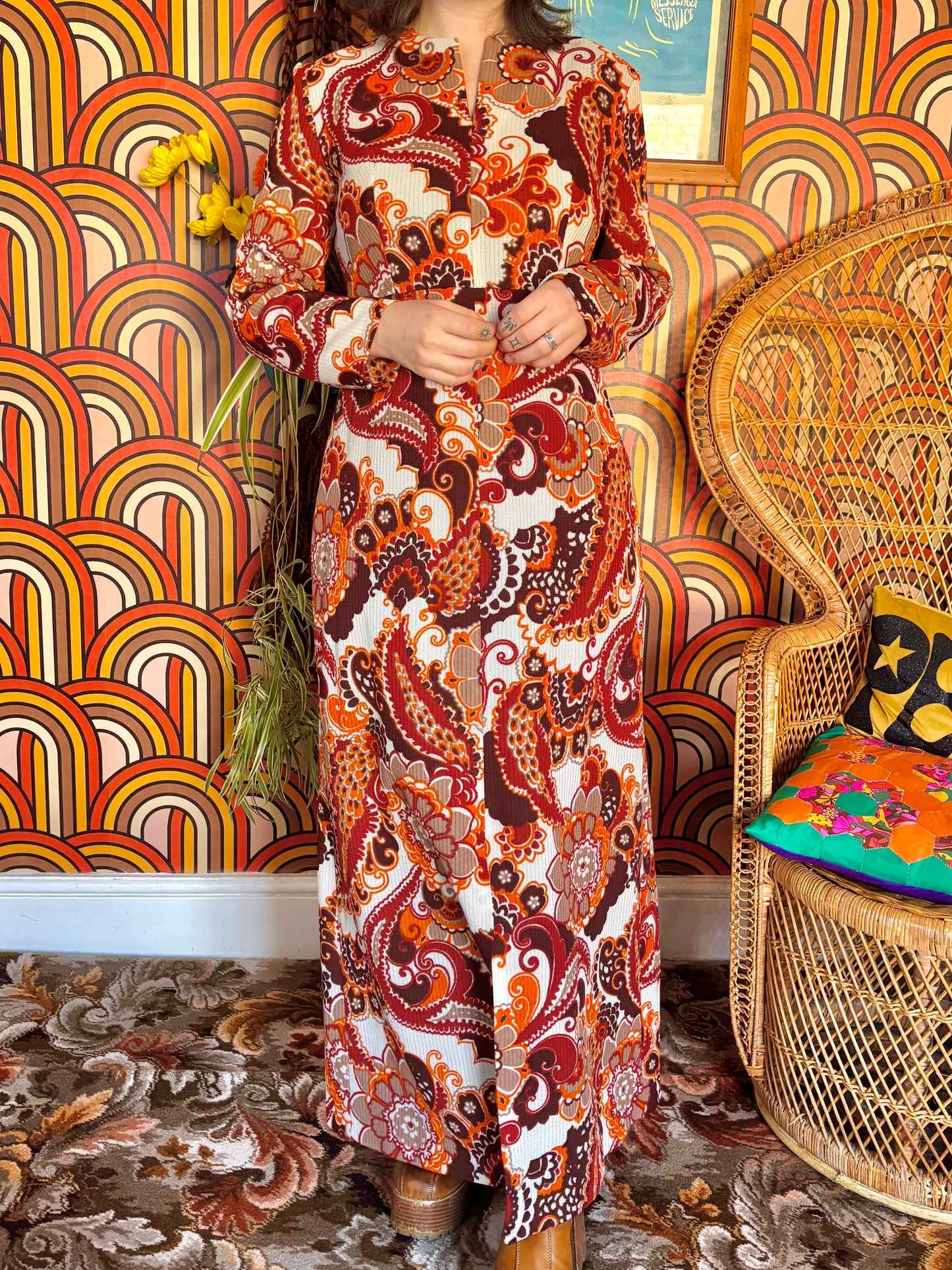 Vintage 70s Orange Psychedelic Paisley Maxi Dress