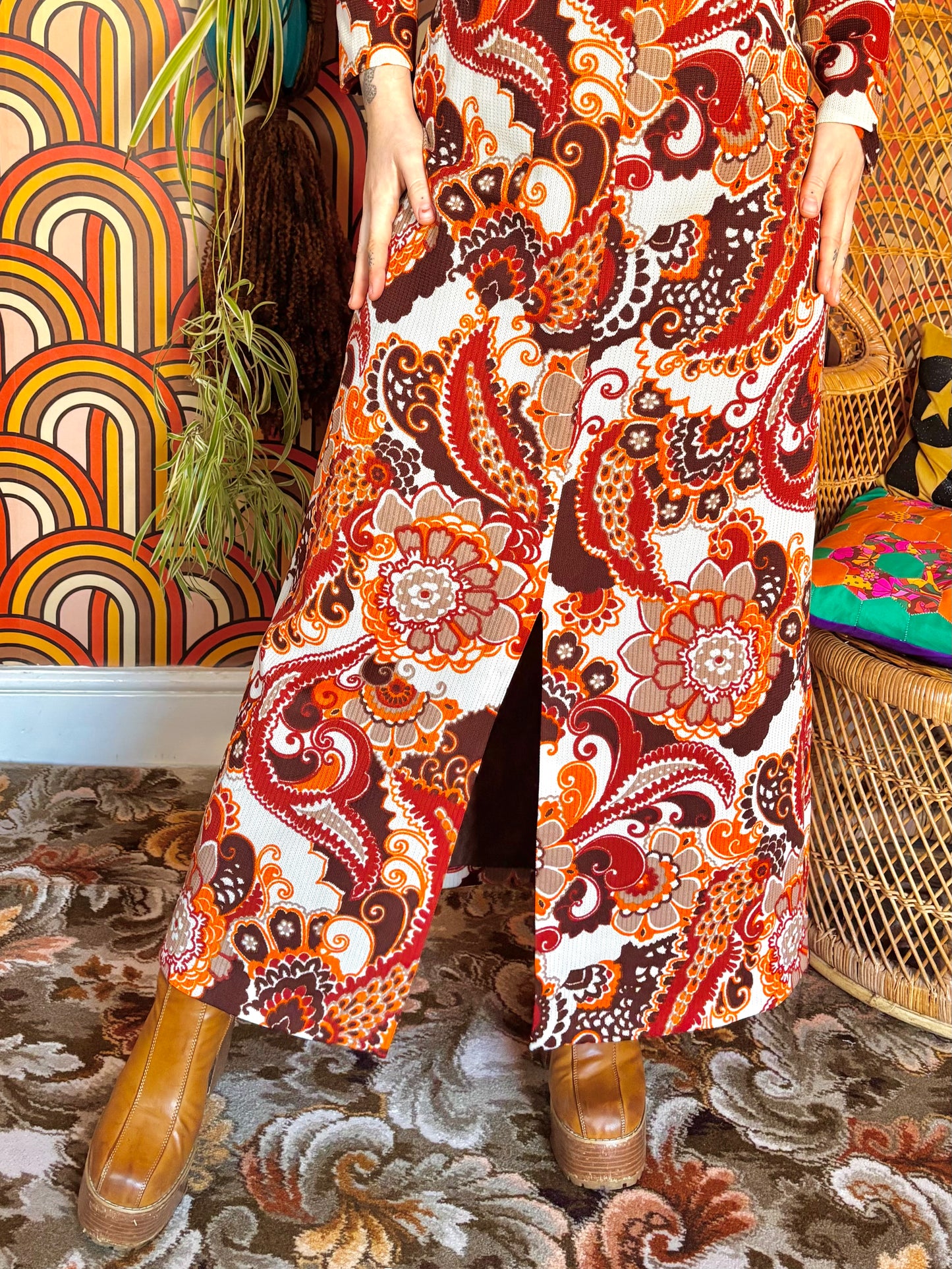 Vintage 70s Orange Psychedelic Paisley Maxi Dress