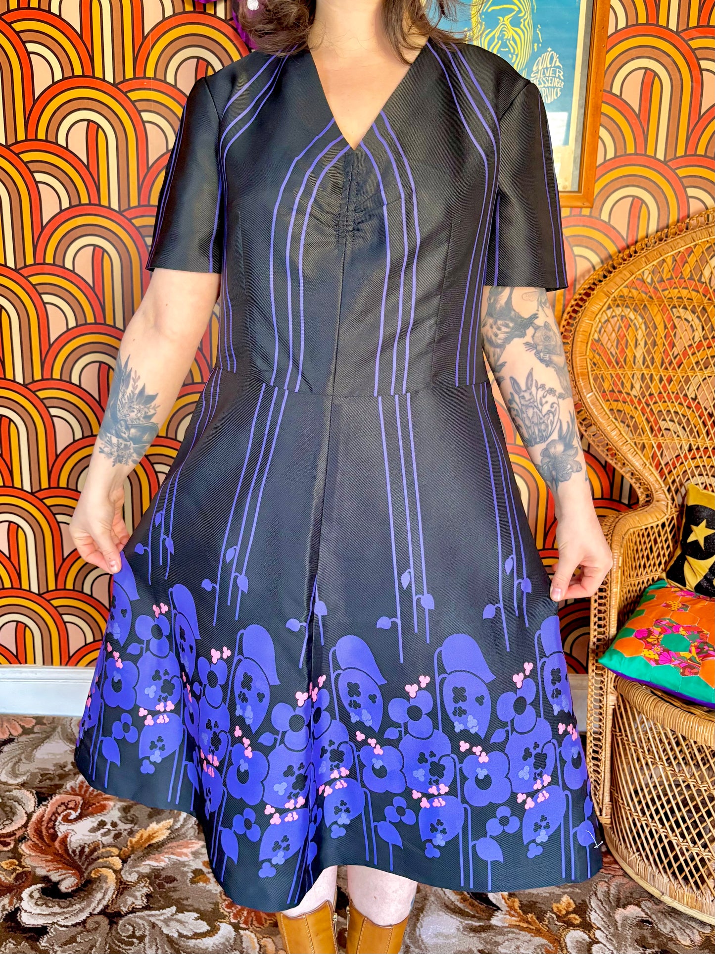 Vintage 70s Black and Purple Mod Dress