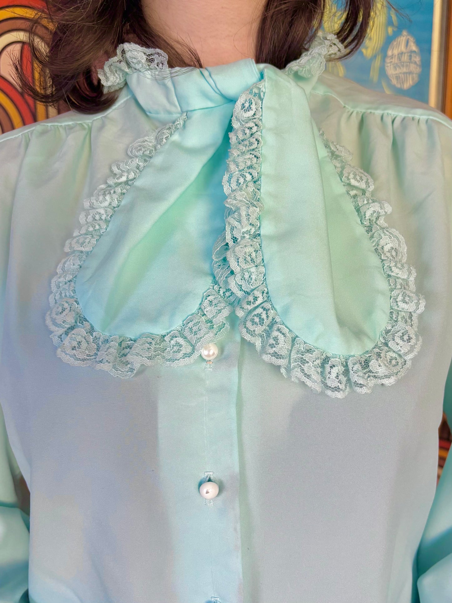 Vintage 60s Mint Blue Frill Bow Shirt