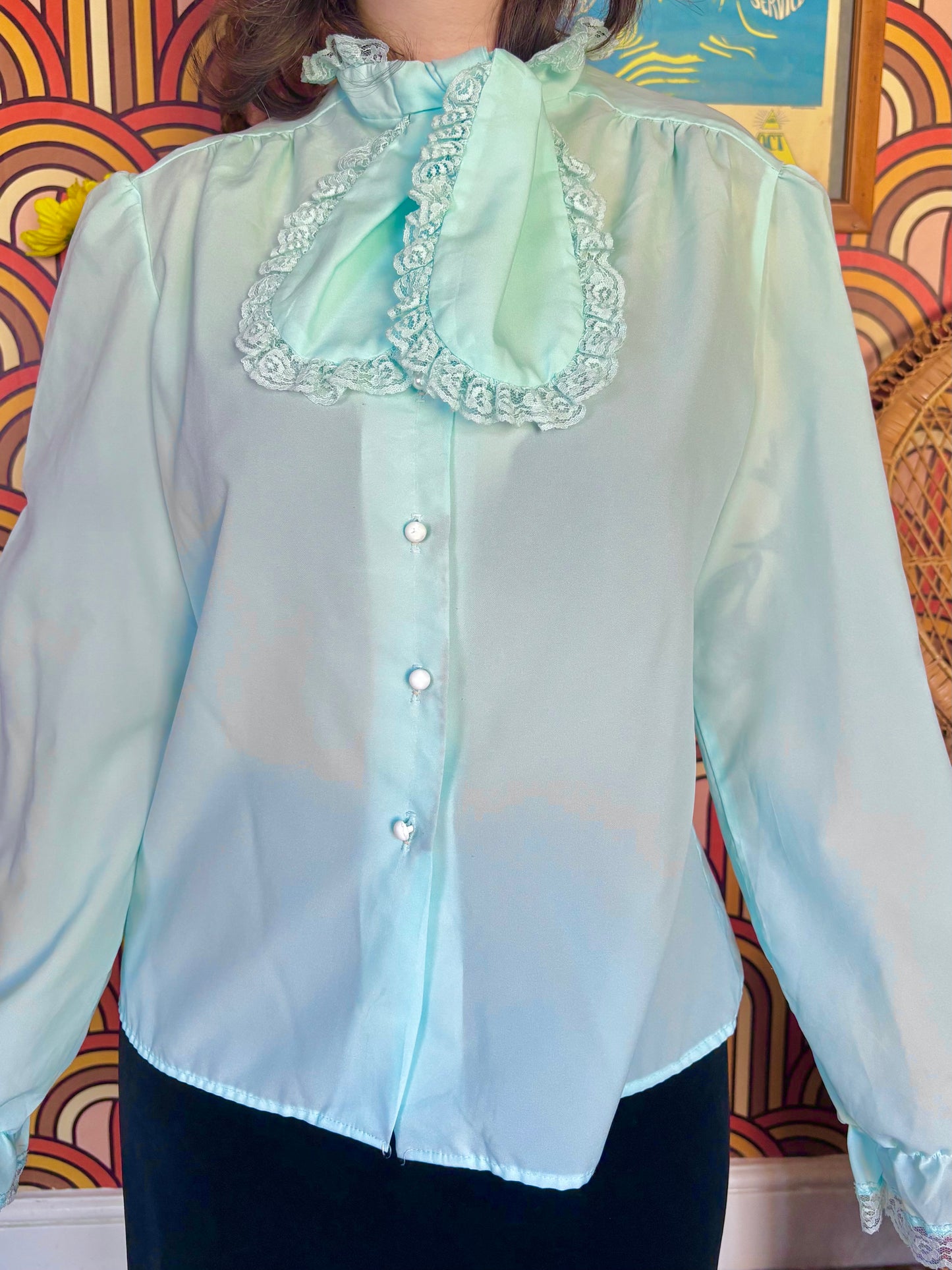 Vintage 60s Mint Blue Frill Bow Shirt