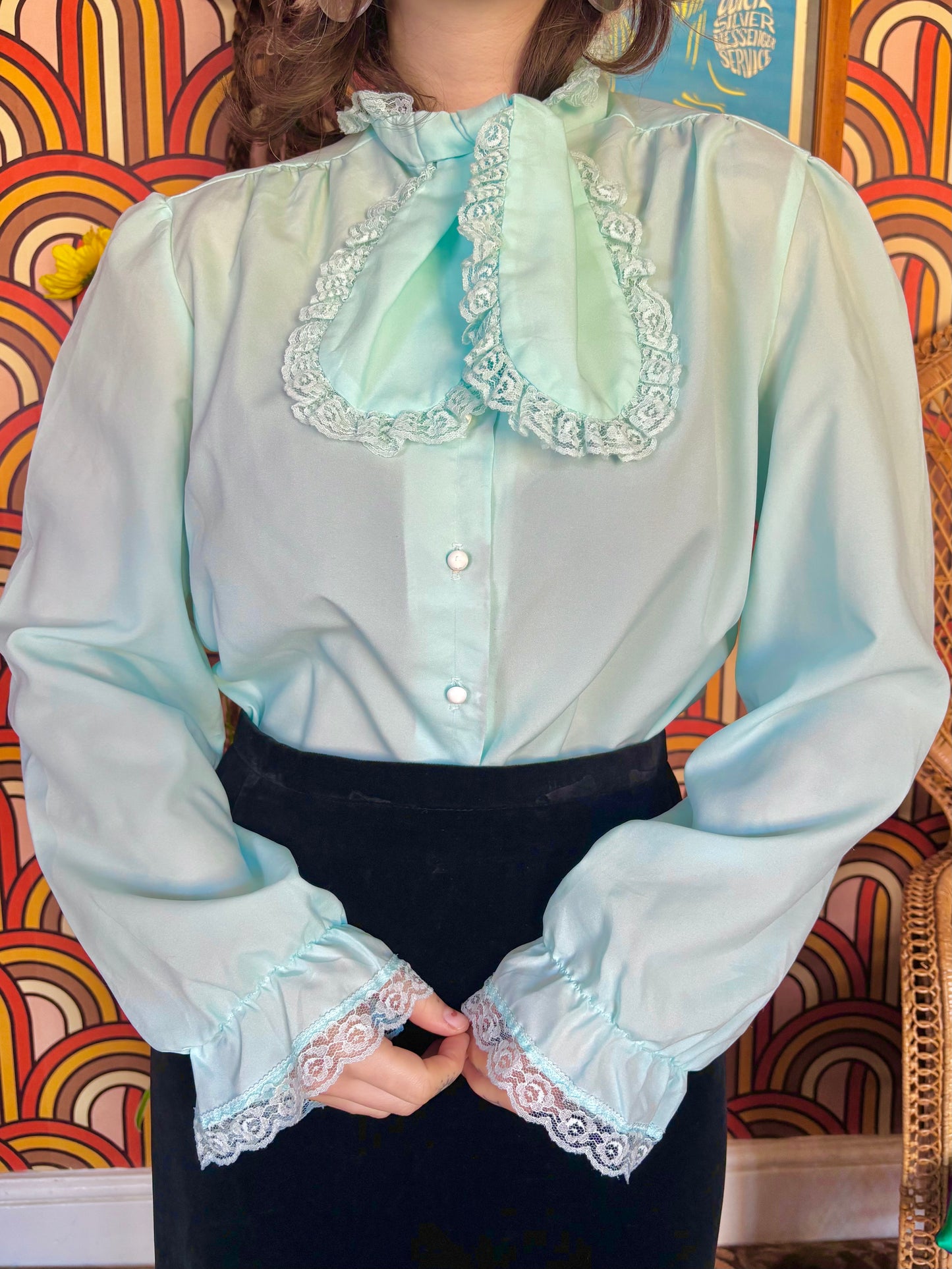 Vintage 60s Mint Blue Frill Bow Shirt