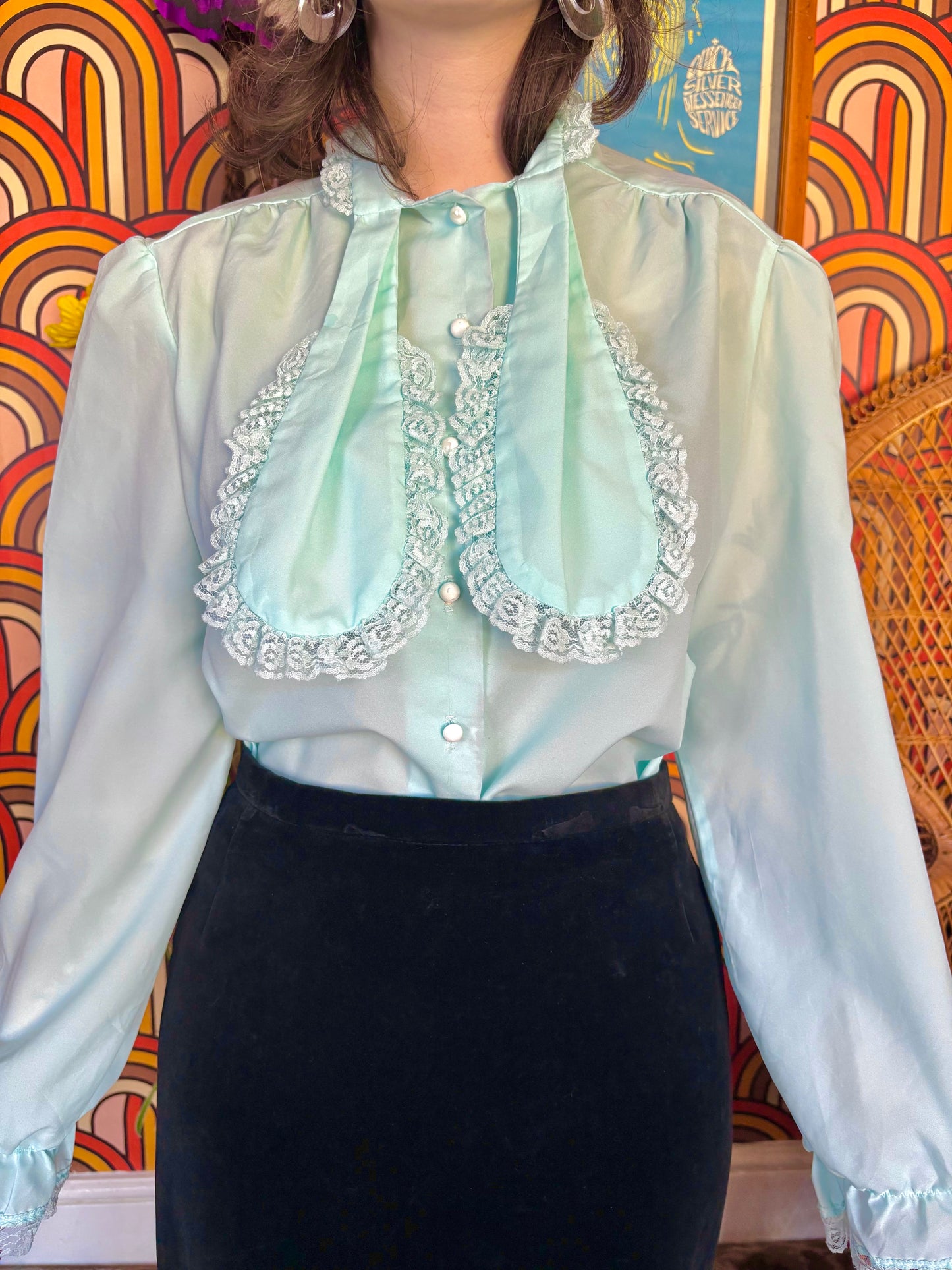 Vintage 60s Mint Blue Frill Bow Shirt