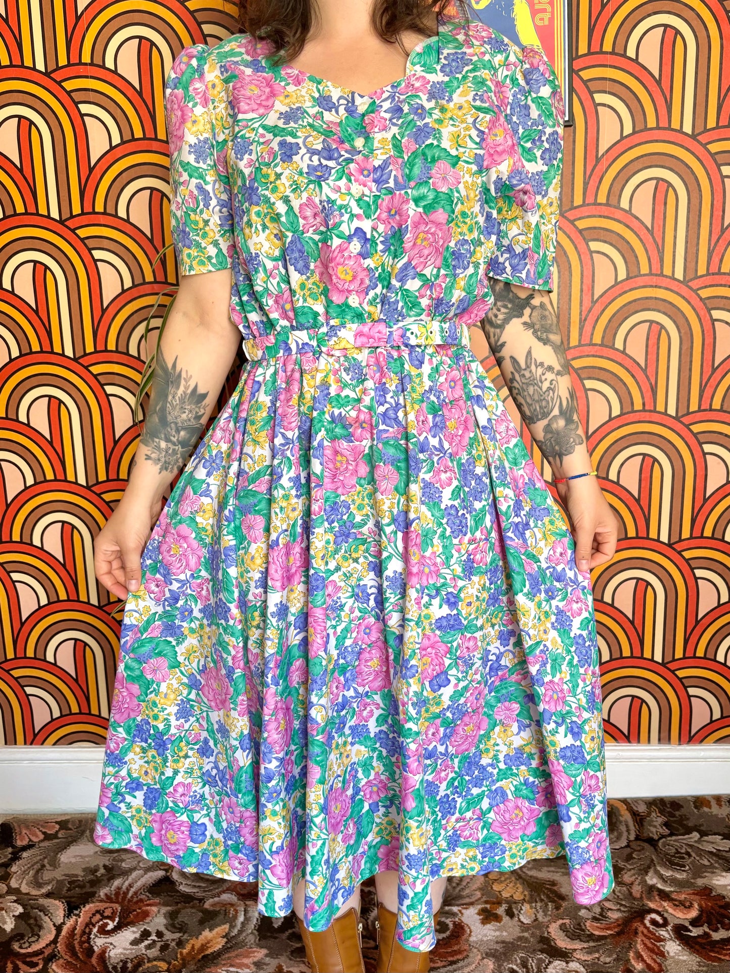 Vintage 80s Pastel Floral Midi Dress