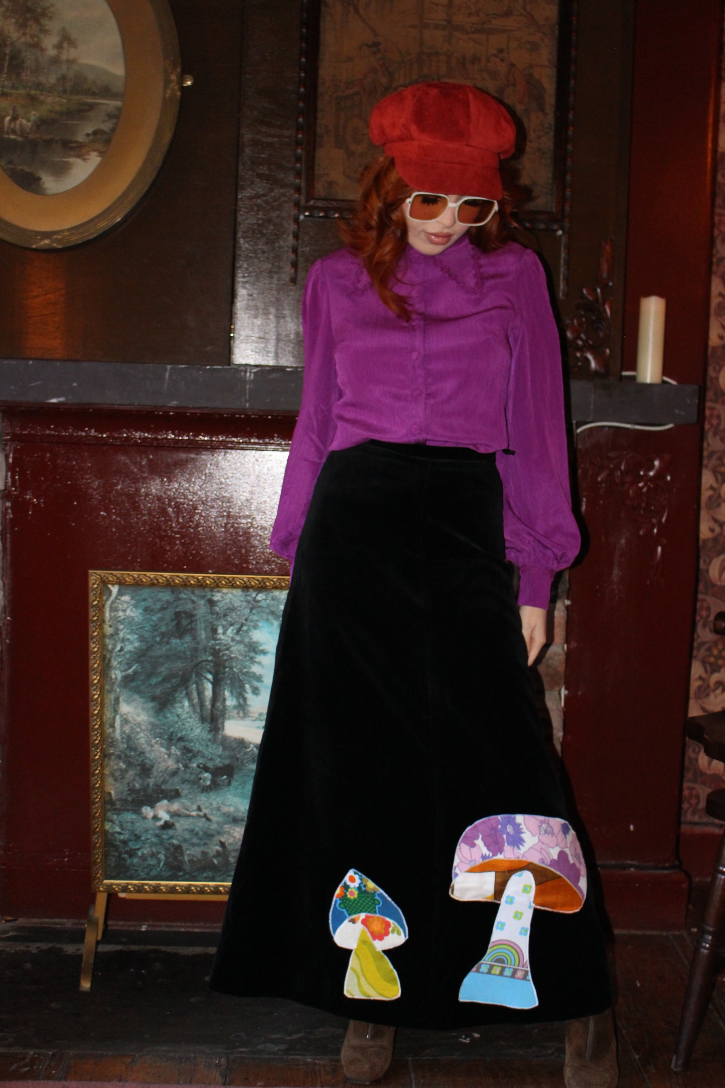 Patchwork Pub Appliqué Mushroom Black Maxi Skirt