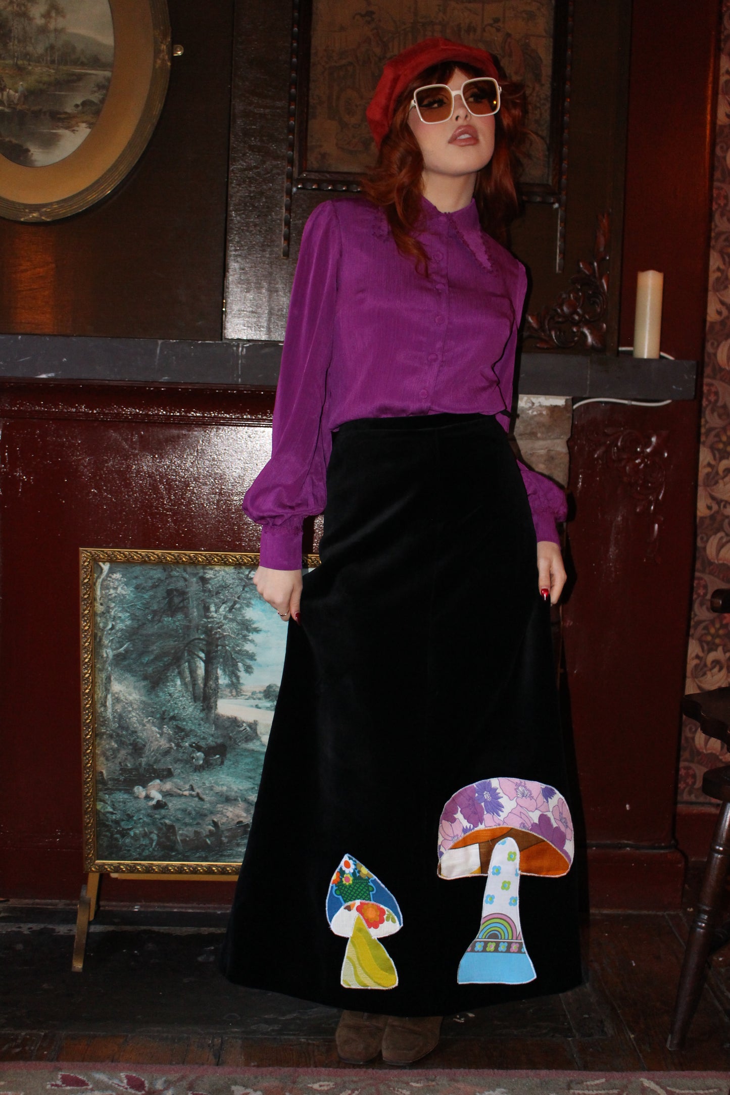 Patchwork Pub Appliqué Mushroom Black Maxi Skirt