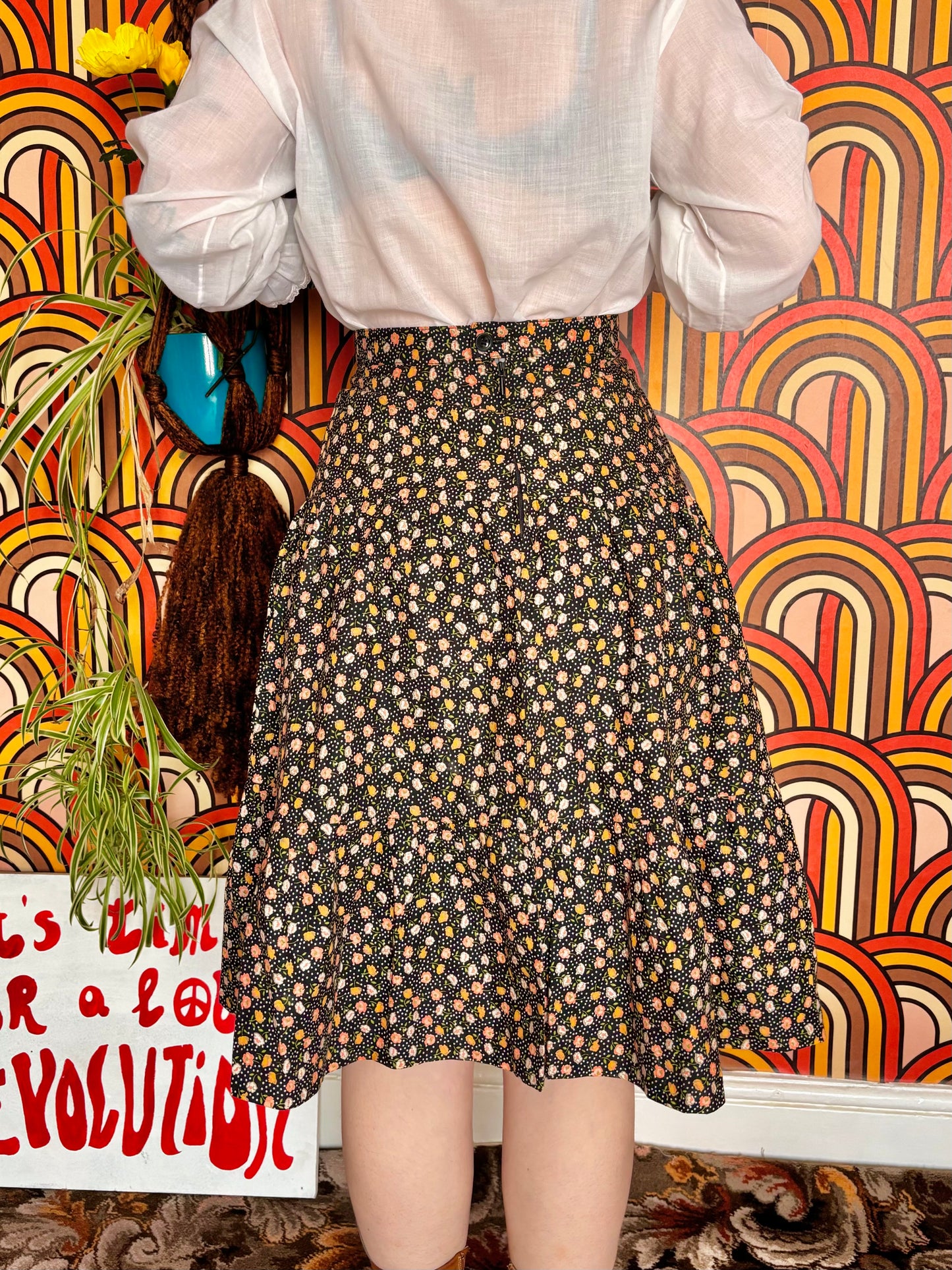 Vintage 70s Orange Betty Barclay Floral Knee Skirt