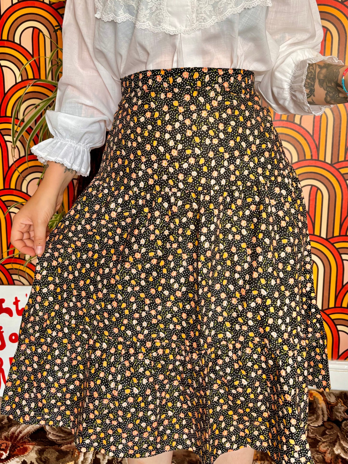 Vintage 70s Orange Betty Barclay Floral Knee Skirt