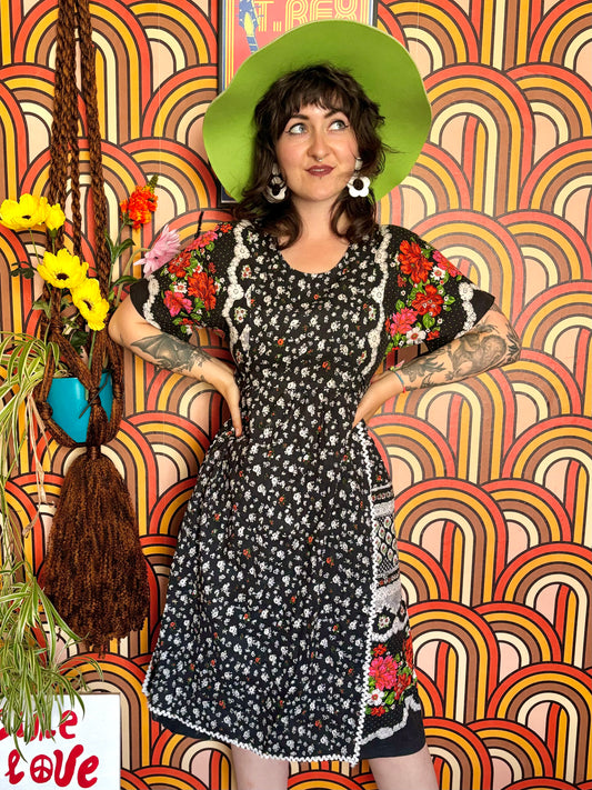 Vintage 70s Black Floral Midi Dress