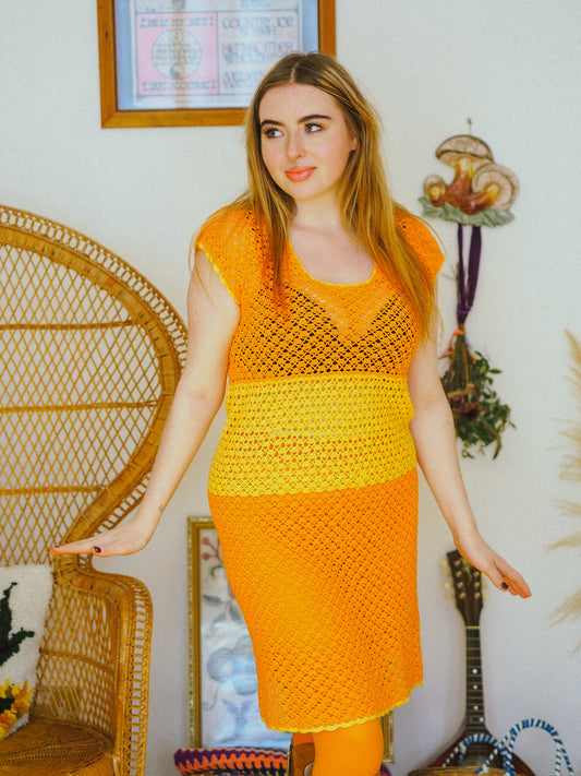 Vintage 70s Orange Crochet Dress